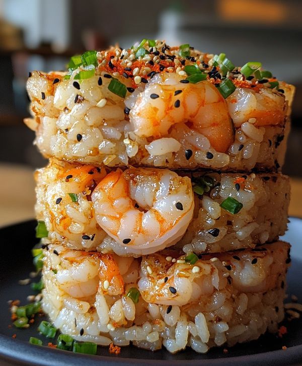 three pieces of rice topped with shrimp and garnished with scallions on a black plate