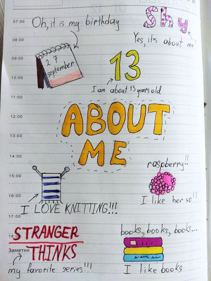 an open notebook with writing on it that says 13 about me, i love knitting and strange things