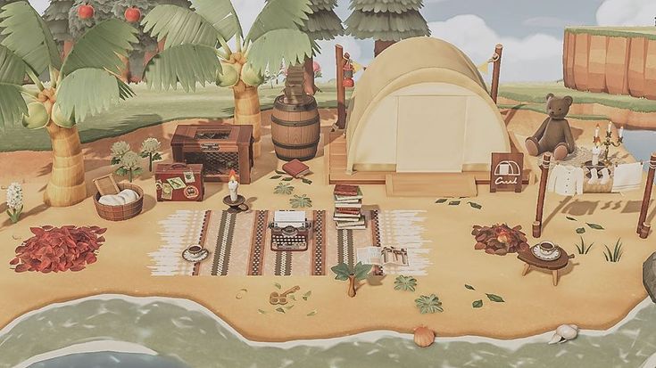 an image of a tent set up in the middle of a beach with lots of items on it