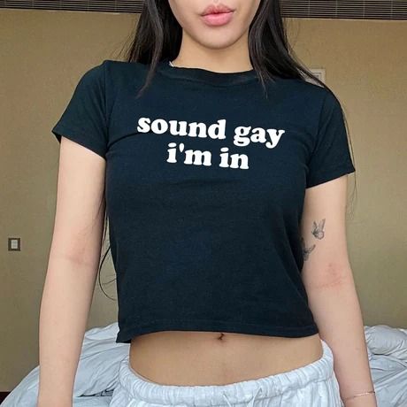 Sound Gay I'm in Baby Tee - printwithsky Trendy Unisex T-shirt With Letter Print, Trendy Cotton T-shirt With Quote Print, Fitted Funny Print T-shirt, Funny Quote Print Crew Neck Top, Casual T-shirt For Pride Streetwear, Summer Crew Neck T-shirt With Quote Print, Fitted Funny Black T-shirt, Fitted Fun T-shirt With Screen Print, Summer Cotton T-shirt With Quote Print