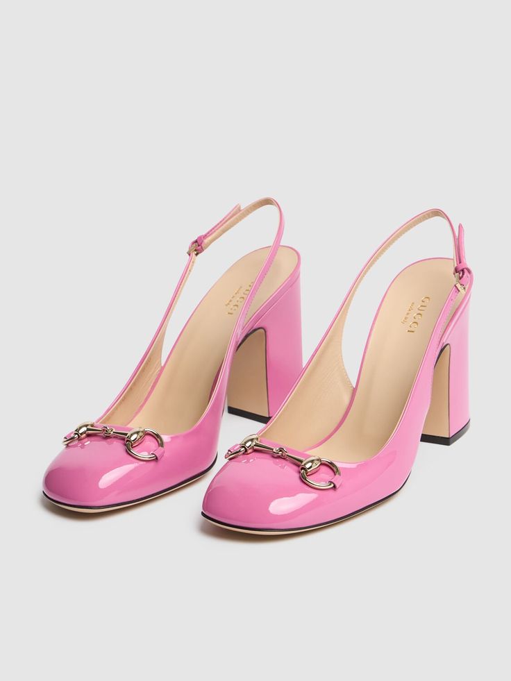 95mm Heel. Pink patent leather upper . Light gold-toned hardware . Horsebit detail. Rounded toe . Leather sole . Adjustable ankle strap with buckle closure Gucci Ankle Strap Slingback Pumps For Spring, Gucci Luxury Slingback Pumps For Work, Gucci Leather Slingback Pumps For Work, Luxury Slingback Pumps With Ankle Strap And Gold-tone Hardware, Luxury Patent Leather Slingback Pumps, Spring Gucci High Heel Slingback Pumps, Gucci Ankle Strap Heels With Gold-tone Hardware, Gucci High Heel Slingback Pumps For Spring, Gucci Slingback Pumps For Work