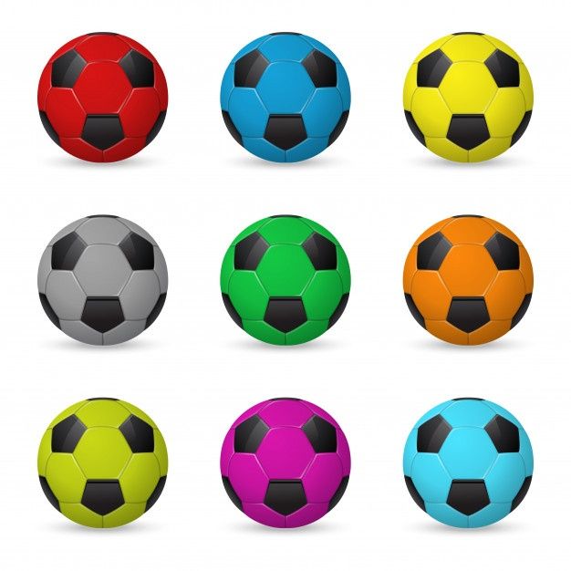 six different colored soccer balls on a white background