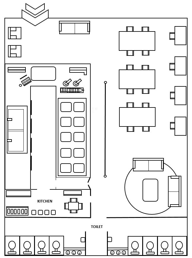 the floor plan for a restaurant with seating and tables, including an oven, counter top,