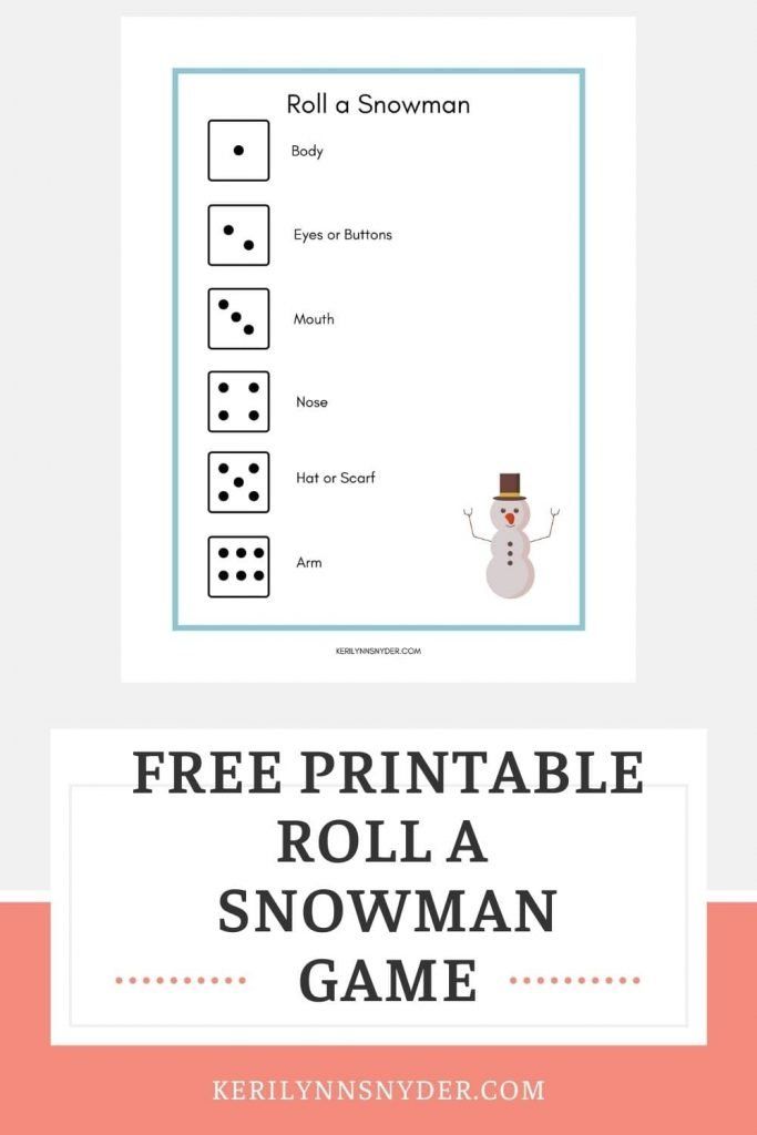 roll and snowman printable game for kids to play in the winter with text overlay