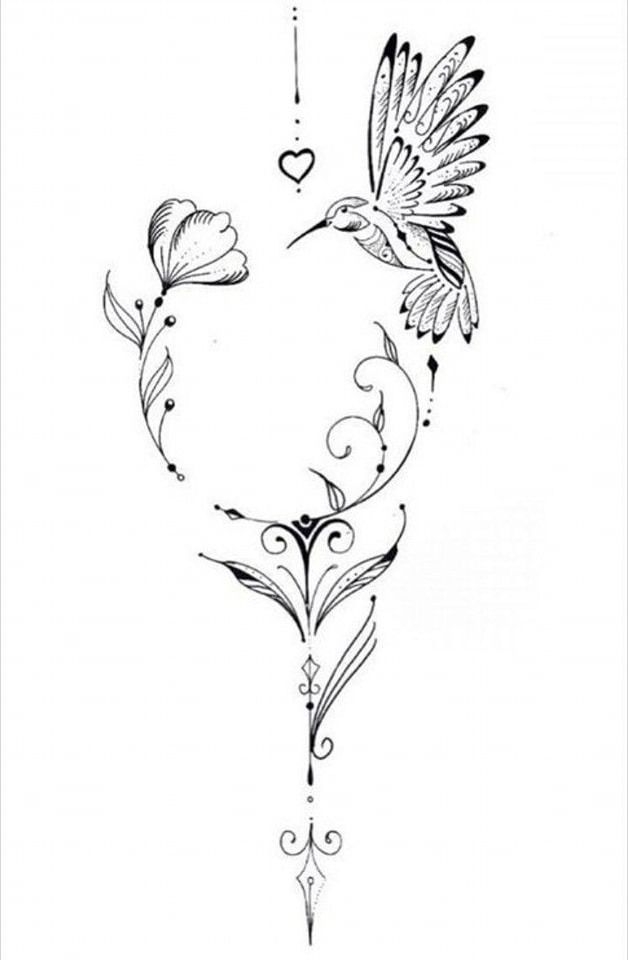 a humming bird flying through the air next to a flower and heart tattoo on a white background