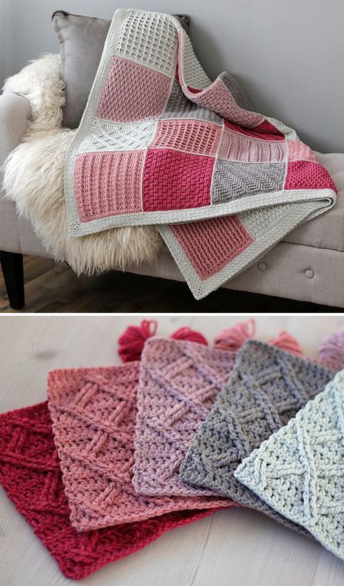 there are many blankets on the couch and one is crocheted in different colors