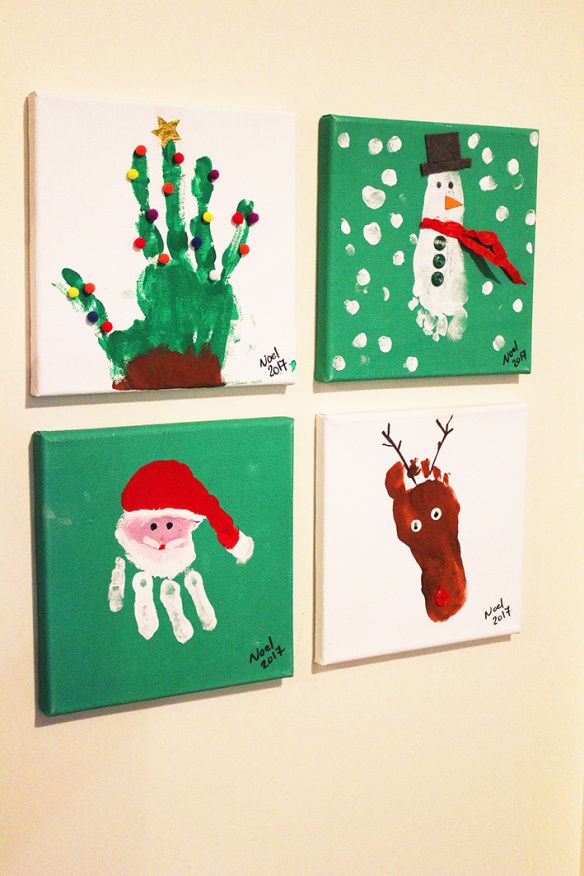 three paintings on the wall depicting christmas decorations