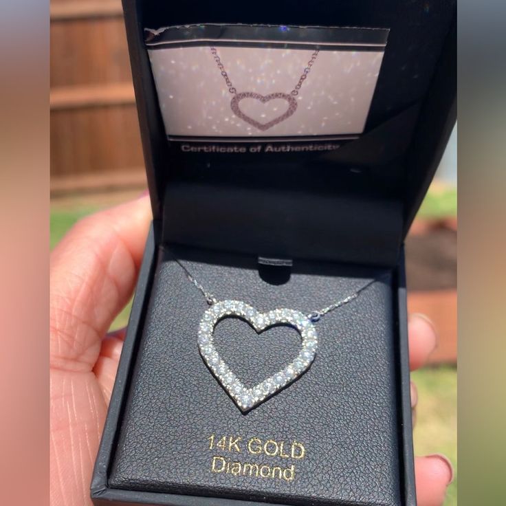 Excellent Condition. Barely Used. Beautiful Heart Pendant Necklace In 14k Solid White Gold. Big Charm Diamond Heart. Good Size Quality Diamonds. Certificate Of Authenticity Included. Comes With Box. Let Me Know If You’re Interested. Tv 1500 Approx 1.00 Cttw Color Clarity I, I1-12 White Heart-shaped Diamond Necklace For Anniversary, Valentine's Day Heart-shaped Diamond Necklace With Single Cut Diamonds, Heart-shaped Diamond Necklace For Valentine's Day, Valentine's Day Heart-shaped Diamond Necklace With Accents, Gold Diamond Heart Necklace, Heart-shaped Diamond Necklace With Heart Charm For Valentine's Day, Heart Necklace Diamond, Diamond Charm, Beautiful Heart