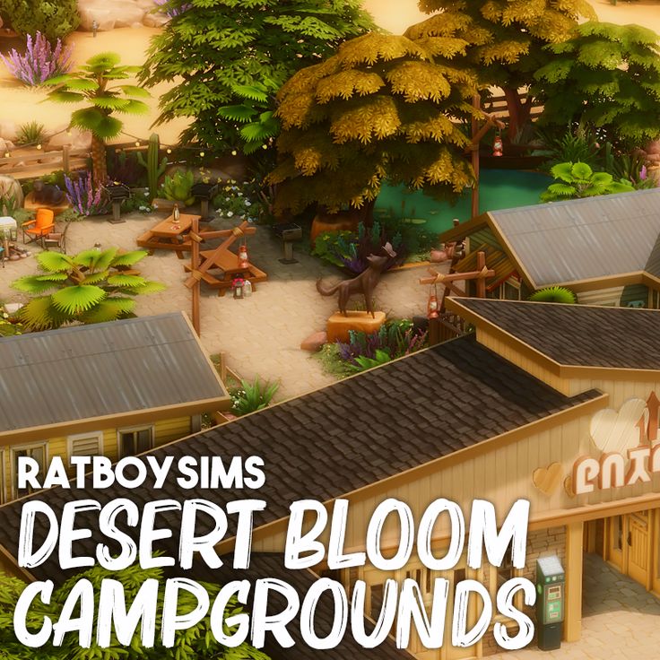 an aerial view of a resort with trees, bushes and buildings in the background text reads ratboy's desert bloom campgrounds