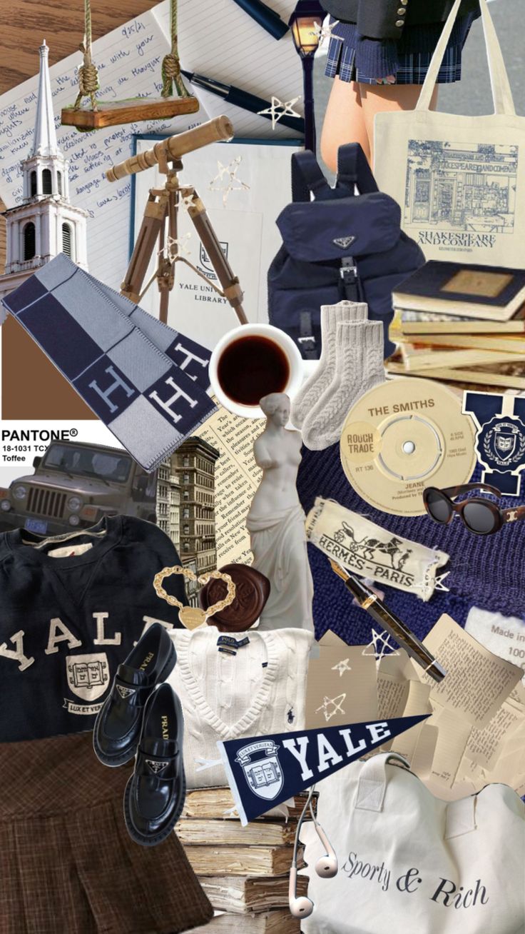 a collage of various items that include clothing, shoes and other things