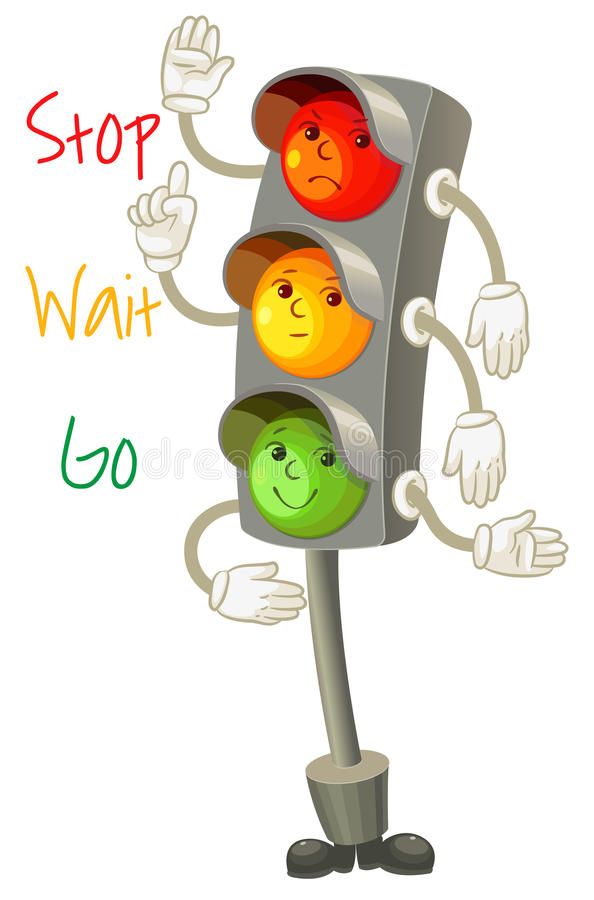 a traffic light with two faces on it and the words stop wait go written below