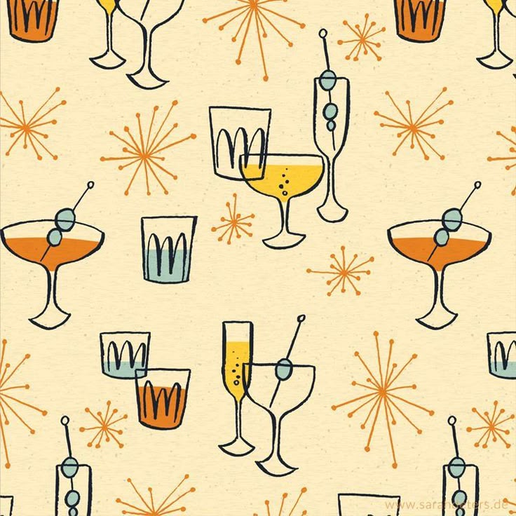 an image of a pattern with glasses and drinks on the table in different colors, shapes and sizes