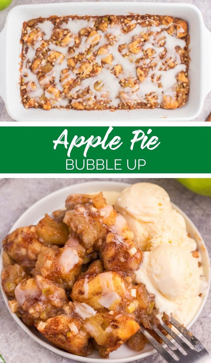 apple pie bubble up with ice cream on top and an image of apples in the background