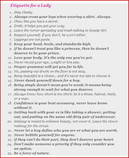 Lady Tips Classy, Women Etiquette Being A Lady, Proper Lady Aesthetic, Rules Of Being A Lady, Southern Etiquette Being A Lady, Feminine Etiquette Classy Women, Lady Manners Etiquette, How To Be A Proper Lady, Etiquette For A Lady Manners