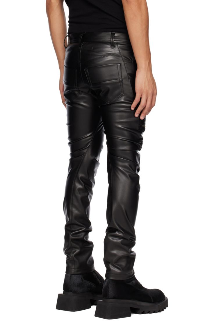 Black Indirect Faux-Leather Cargo Pants by Julius on Sale Edgy Straight Leg Leather Pants With Pockets, Leather Streetwear Cargo Pants With Multiple Pockets, Faux Leather Cargo Pants For Streetwear, Leather Cargo Pants For Work, Leather Cargo Pants With Multiple Pockets For Streetwear, Utility Leather Pants For Work, Utility Style Leather Pants For Workwear, Leather Bottoms For Streetwear In Fall, Leather Bottoms For Fall Streetwear