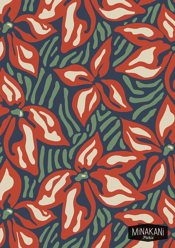 a red and green flower pattern on a blue background