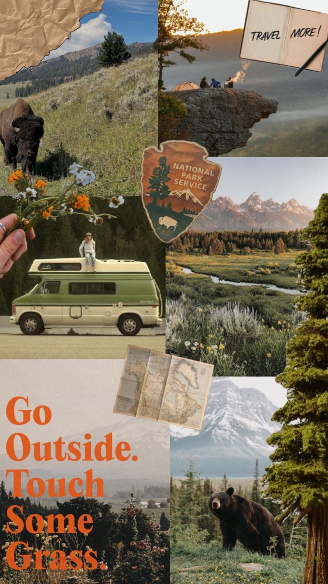 a collage of pictures with animals, trees, and mountains in the background that says go outside, tour some parks