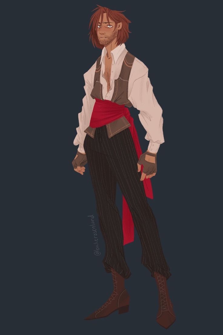 a drawing of a man with red hair wearing a pirate costume and holding his hands in his pockets