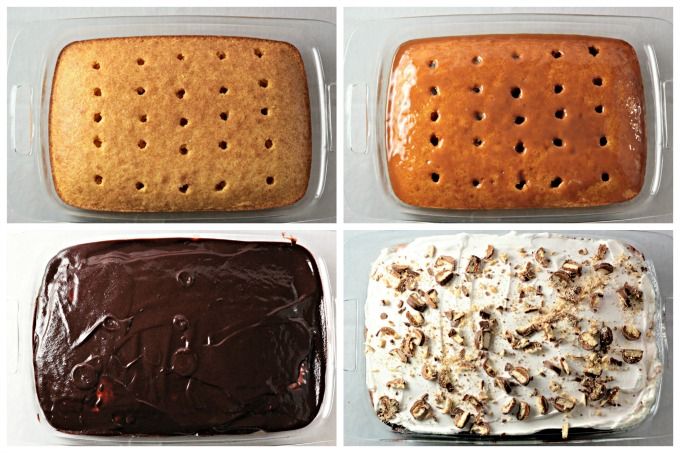 four different types of cake in pans with frosting and toppings on them