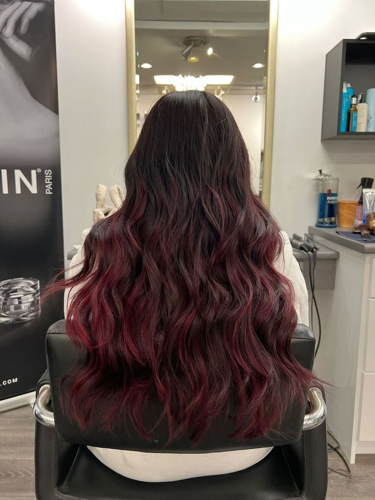 Black Root Burgundy Hair, Dark Red Hair Color Burgundy Wine Highlights, Wine Red Hair With Dark Roots, Burgundy Hair Colour For Indian Skin, Indian Red Hair, Burgundy Hair Balayage, Ombre Burgundy Hair, Red Hair No Bleach, Cherry Red Highlights