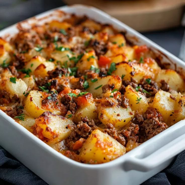 a casserole dish filled with meat and potatoes