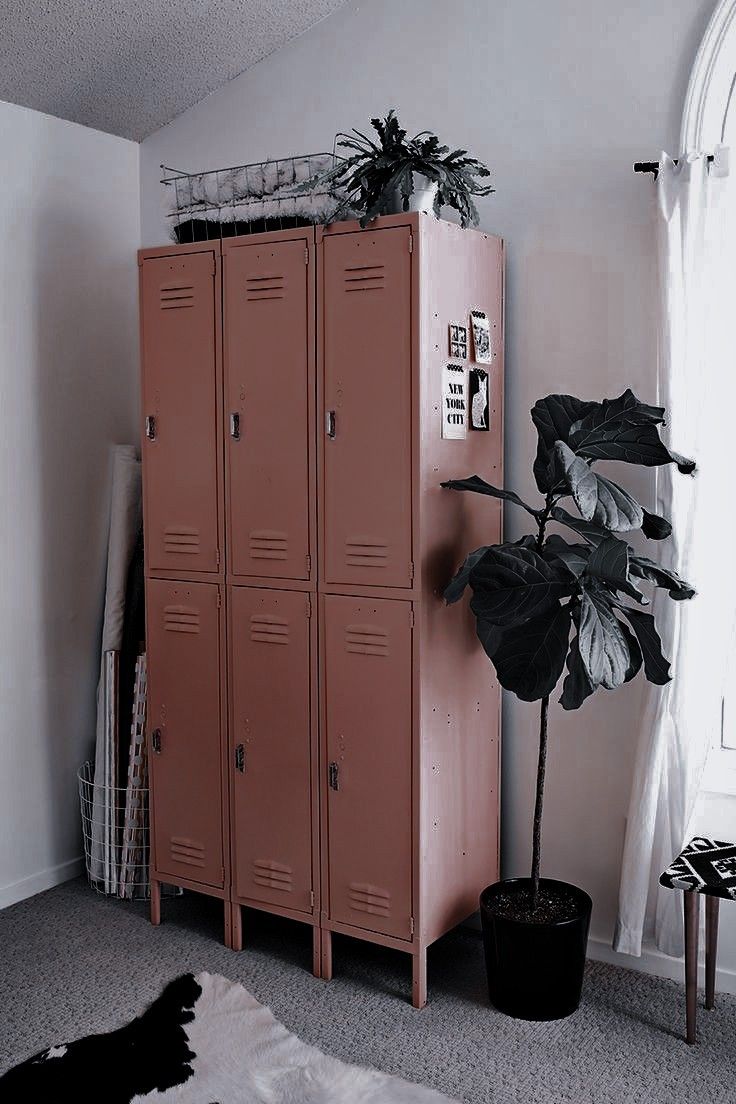 a green locker next to a potted plant in a room with white walls and carpet