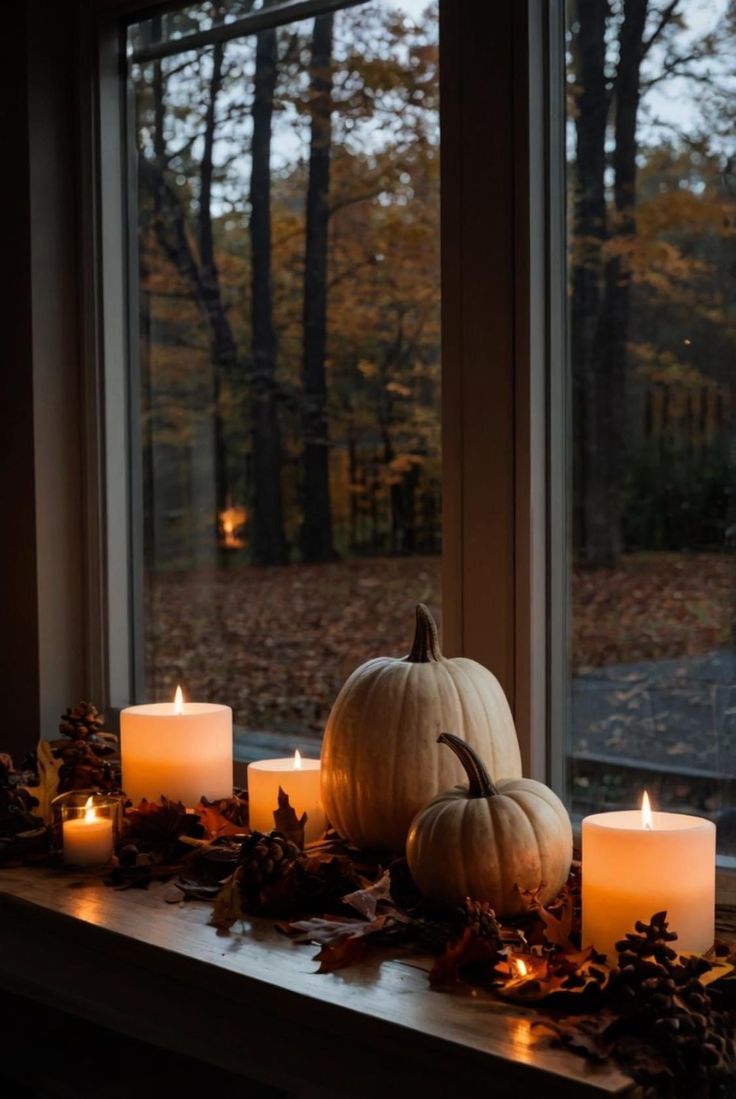 candles and pumpkins sit on a window sill