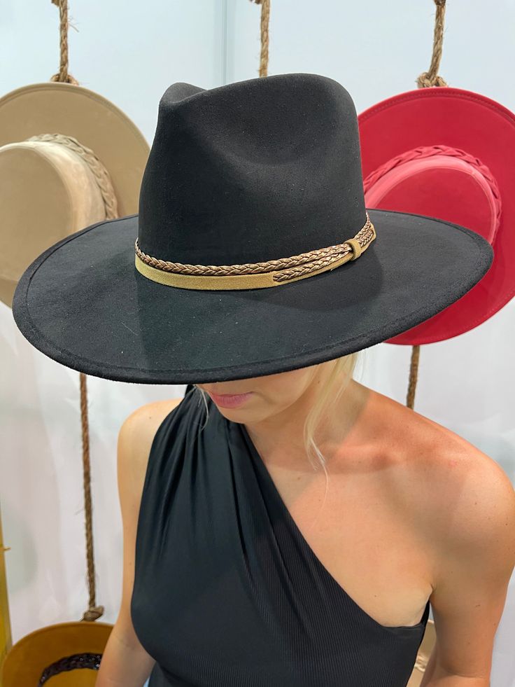 Ok, we're freaking out! The Joshua Hat is our newest favvvvv. It's everything a girl could dream of in a hat. Incredible quality, a pointed rancher crown, super structured, and an elastic inner-band. Black is always in style and you'll be in love. The elegant crown is stiffened and shaped into a clean and ridged design, finished with a braided trim. It's timeless, will last forever, and adds the perfect touch of coolness to any look. -Rancher style hat with some edge -Incredible quality -Brim is Elegant Crown, Suede Hat, Hat Fashion, Panama Hat, Faux Suede, Panama, A Girl, In Love, Braids