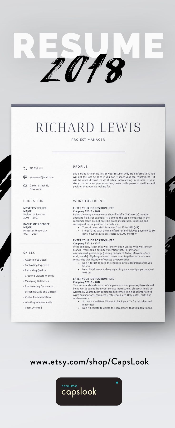 a professional resume template with black and white paint strokes on the cover, in front of a