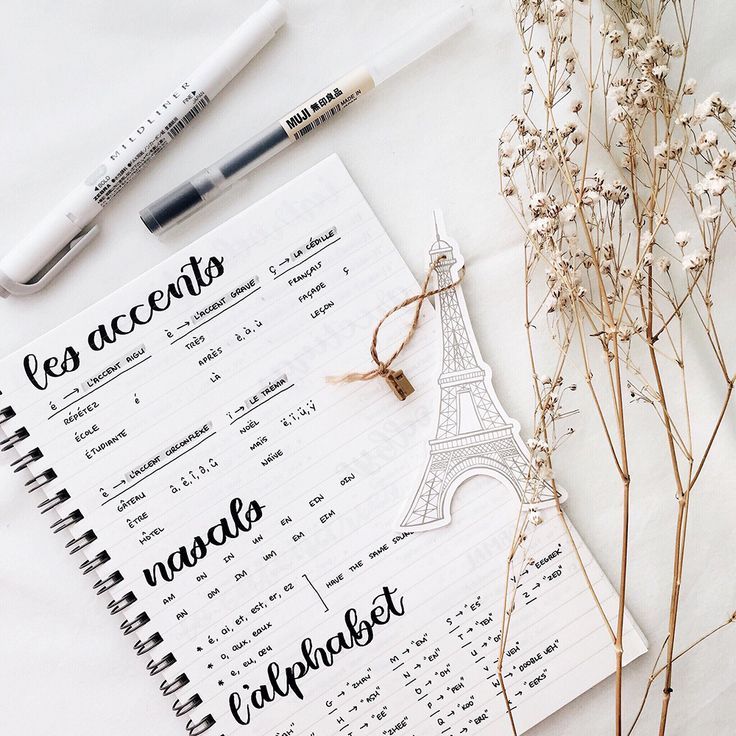 an open notebook with french words on it next to some dried flowers and pens,