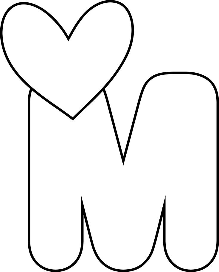 the letter m with a heart in it's center is outlined on a white background