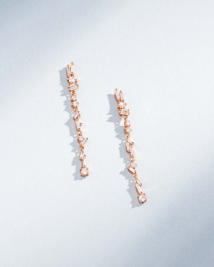 Suzanne Kalan Classic Diamond Sparkler Drop Earrings in 18k rose gold Luxury Rose Gold Linear Earrings For Formal Occasions, Luxury Rose Gold Linear Earrings For Formal Events, Elegant Rose Gold Diamond Earrings With Sparkling Stones, Elegant Rose Gold Long Drop Earrings, Rose Gold Drop Diamond Earrings, Luxury Rose Gold Baguette Cut Earrings, Fine Jewelry Rose Gold Baguette Diamond Earrings, Rose Gold Baguette Diamond Earrings For Anniversary, Rose Gold Baguette Cut Diamond Earrings