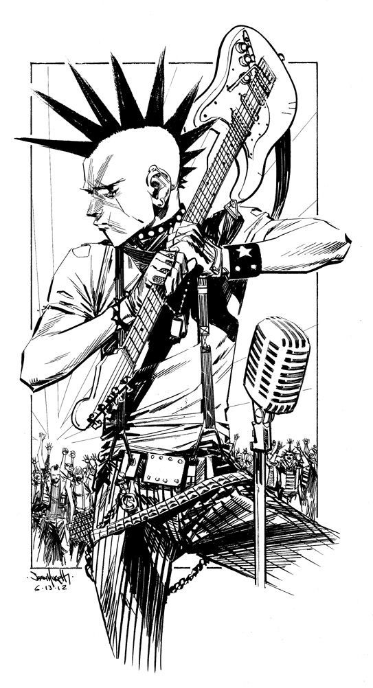 a black and white drawing of a guitar player