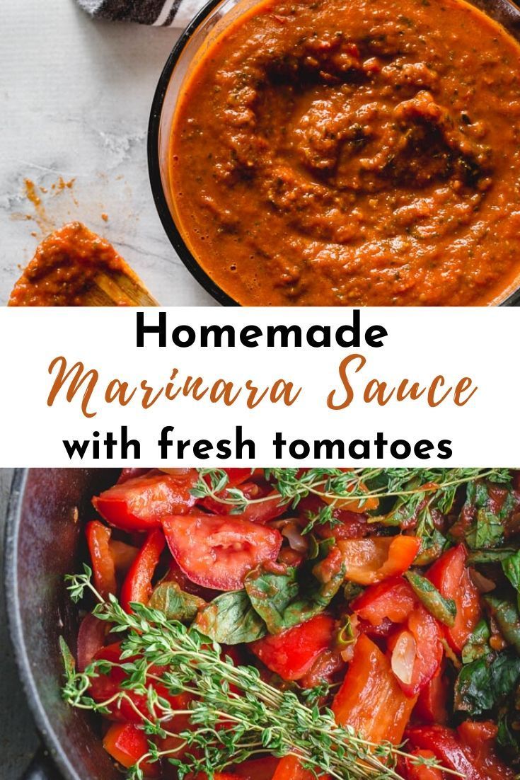 homemade marinara sauce with fresh tomatoes and herbs in a skillet on the side