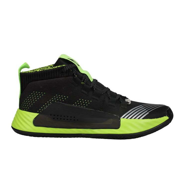 a black and yellow sneaker with neon green accents on the side, in front of a white background