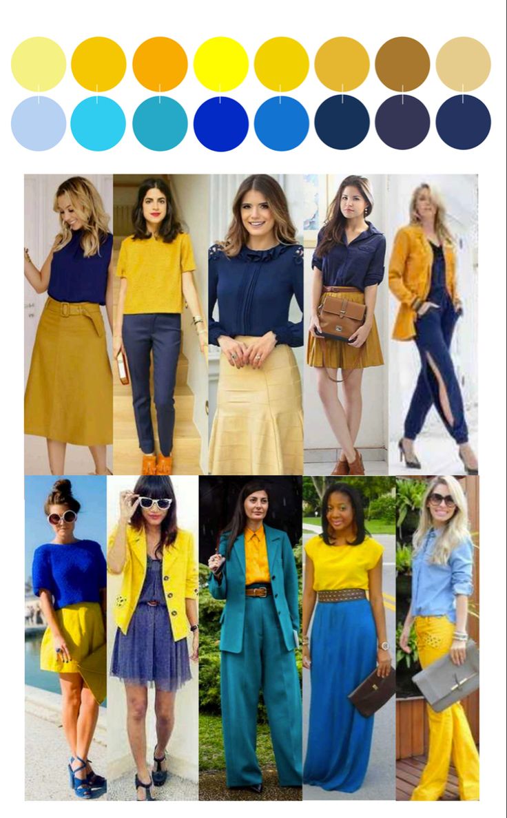 Teacher's Outfits, Teachers Outfits, Yellow Outfits, Color Knowledge, Styled Outfits, True Autumn, Colour Combinations Fashion, Blue Outfits, Color Combos Outfit