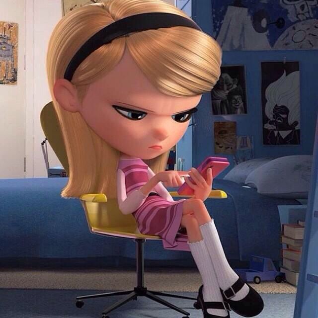 a cartoon character sitting on top of a chair holding a cell phone in her hand