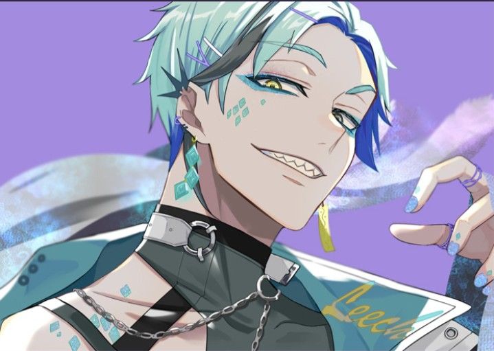 an anime character with blue hair and piercings