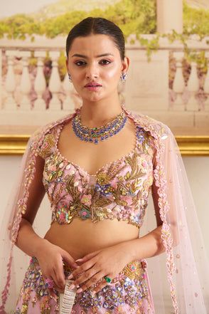 Azura Lehenga Set – Panache by Sharmeen Glamorous Embroidered Lehenga With Traditional Drape, Pink Hand Embellished Organza Lehenga, Glamorous Pink Lehenga With Intricate Embroidery, Glamorous Embroidered Wedding Sets, Pink Hand Embellished Choli For Designer Wear, Pink Hand Embellished Organza Choli, Glamorous Pink Lehenga For Reception, Pink Hand Embellished Glamorous Choli, Glamorous Pink Choli For Wedding