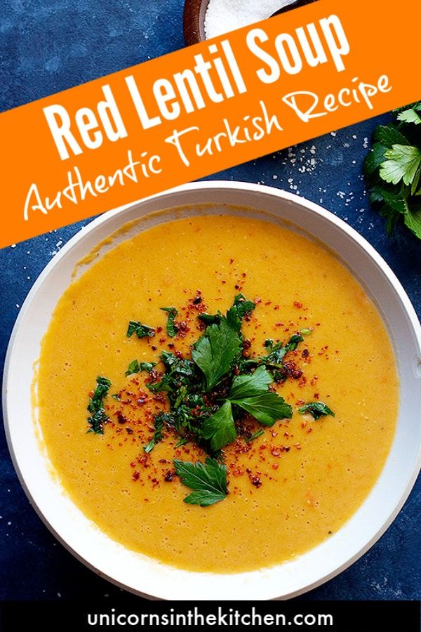 red lentil soup with authentic turkish recipe in a bowl on a blue tablecloth