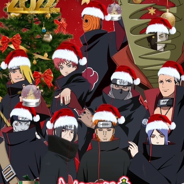 anime characters wearing christmas hats in front of a christmas tree