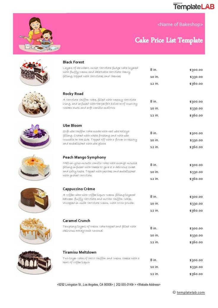 the menu for cake price list is shown