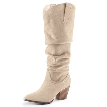 Introducing our Women's Cowboy Knee-High Boots. With a heel height of approximately 2.75 inches, these boots are perfect for adding a touch of elegance to your outfit. The anti-slip rubber outsole provides stability and grip, allowing you to walk with ease. Designed with a combination of knitted and suede materials, these boots absorb sweat and provide ventilation during long walks. The side zipper closure allows for easy on and off. The pointed toe design elongates the legs and adds a sleek loo Slouchy Boots, Long Walks, Suede Material, Toe Designs, Sleek Look, Chunky Heel, Chunky Heels, Knee High Boots, High Boots