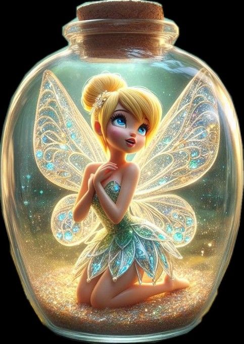 a glass jar with a fairy sitting on the ground