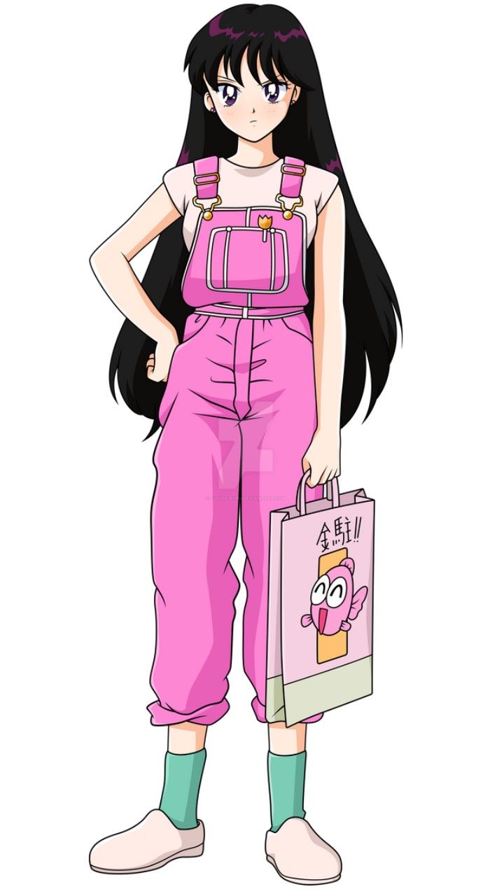 a girl in pink overalls and green shoes holding a shopping bag with her hands on her hips