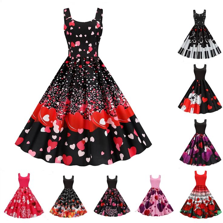 Summer Rockabilly A-line Dresses, Summer Pinup Dresses For Party, Spring A-line Rockabilly Dress, Summer Pinup Party Dresses, Summer Party Pinup Dresses, Pink Sleeveless Dress For Valentine's Day, Spring Rockabilly A-line Dress, Rockabilly Knee-length Party Dress, Red Rockabilly Summer Dress