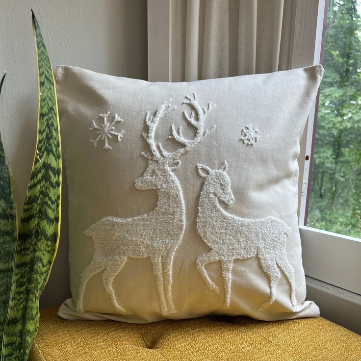 Winter Deer Embroidered Pillow Cover Pillows Neutral, Neutral Holiday Decor, Winter Deer, Rustic Holiday Decor, Embroidered Throw Pillows, White Pillow Covers, Embroidered Pillow Covers, Outdoor Pillow Covers, Rustic Holiday