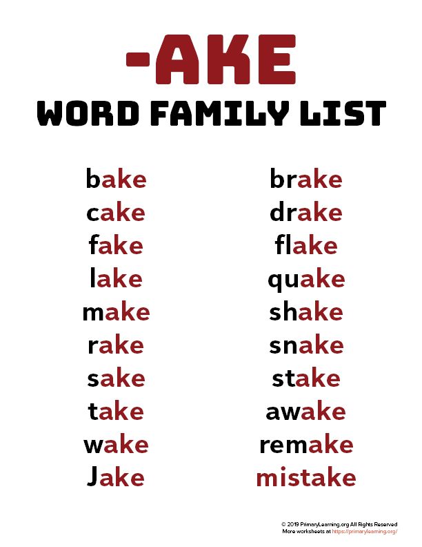 the word family list is shown in red and black, with words that spell out how to