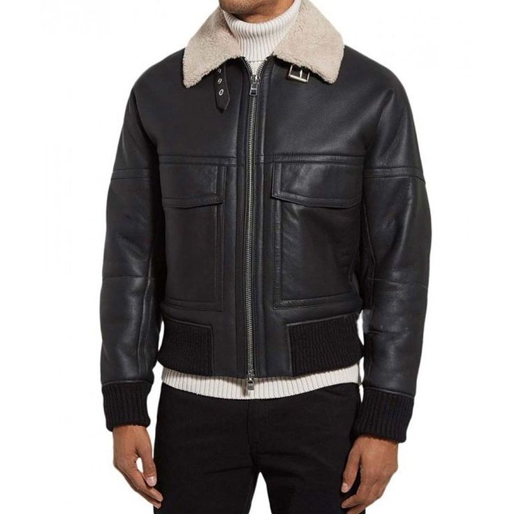 Black Shearling Bomber Leather Jacket for Men - Leather Jacket Black Luxury Outerwear With Ribbed Collar, Luxury Black Outerwear With Ribbed Collar, Luxury Winter Outerwear With Contrast Collar, Black Sheepskin Outerwear With Padded Collar, Winter Leather Jacket With Contrast Collar And Long Sleeves, Luxury Aviator Outerwear For Fall, Black Shearling Leather Jacket With Faux Fur Trim, Black Sheepskin Leather Jacket With Faux Fur Trim, Sheepskin Aviator Outerwear With Padded Collar