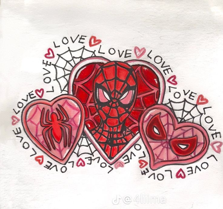 two hearts shaped like spiderman with love written on them